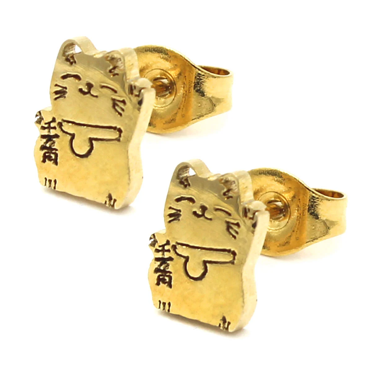 Aretes Tipo Broquel Acero Dorado Gato Suerte Fortuna