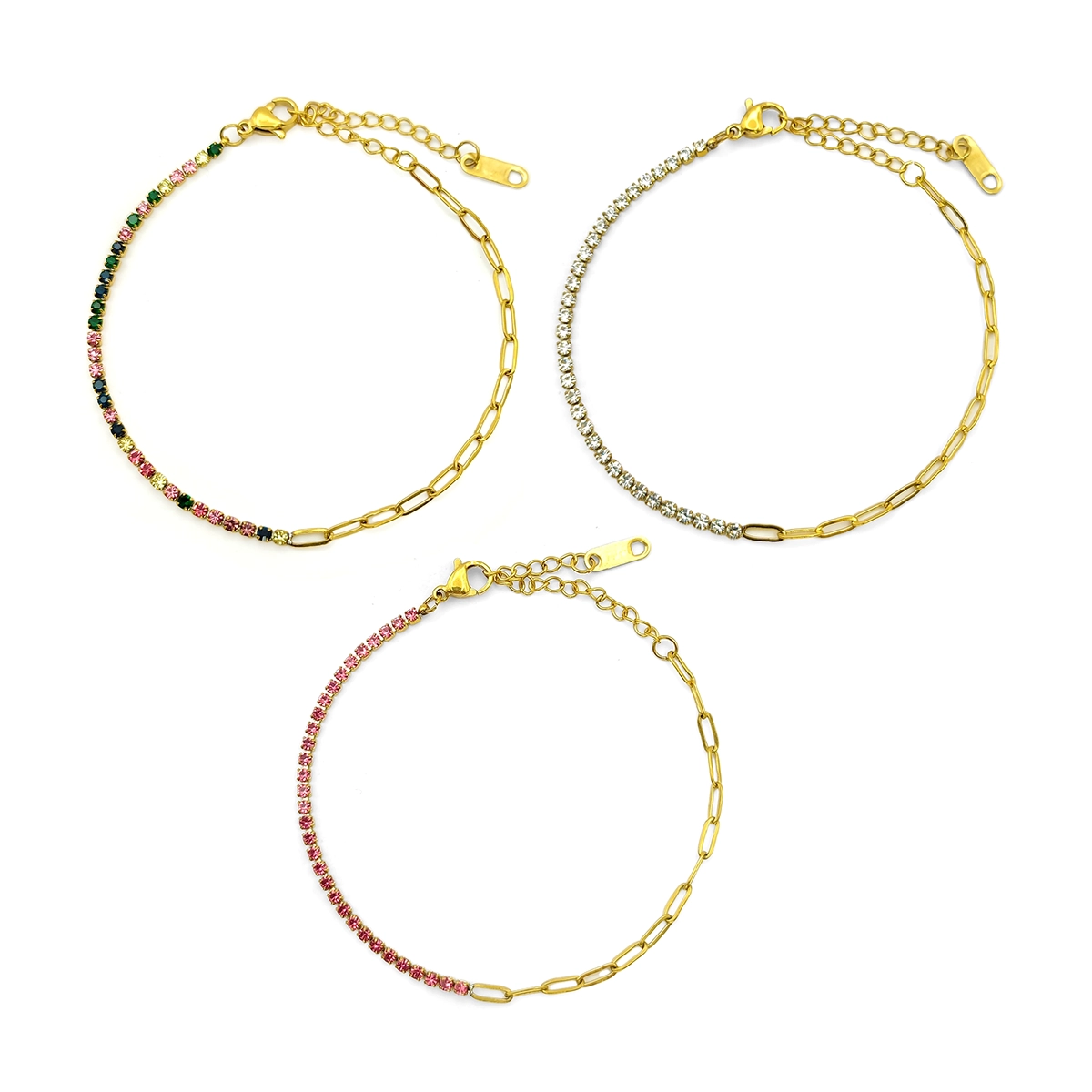 Pulsera Acero Dorado Fila Zirconias Eslabon Oval Delgado