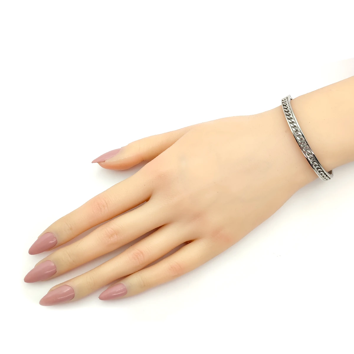 Pulsera Acero Inox Plateado Brazalete con Cadena Barbada