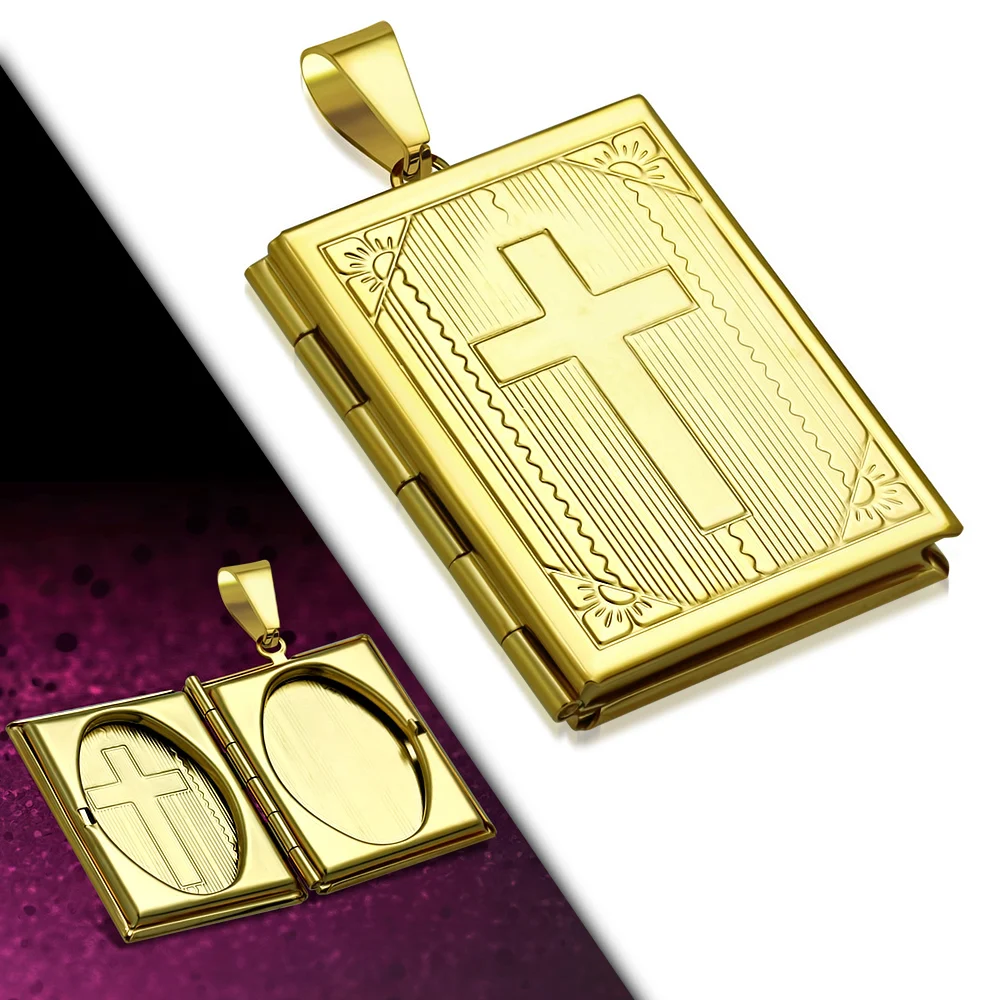 Dije Acero Dorado Relicario Grande Cruz Latina