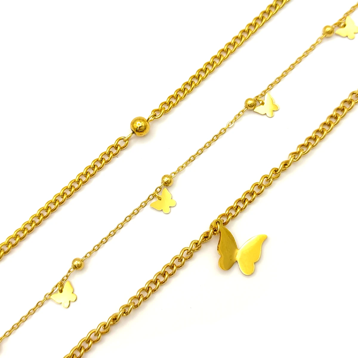 Collar Acero Dorado Cadena Triple Colgantes Mariposas