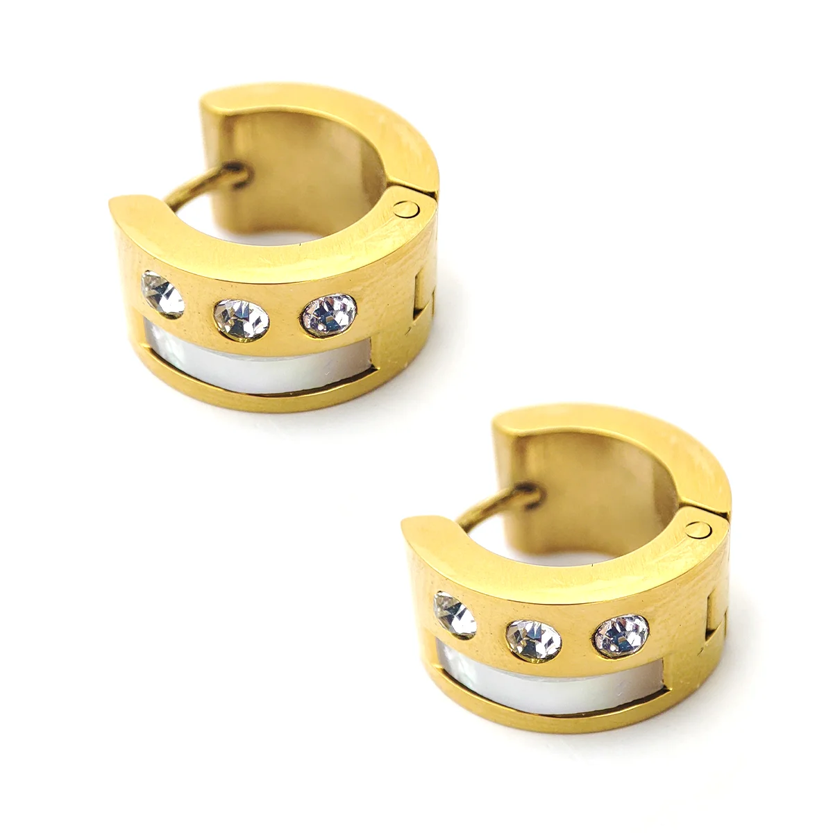 Aretes Acero Inox Dorado Huggies Madre Perla Cristales