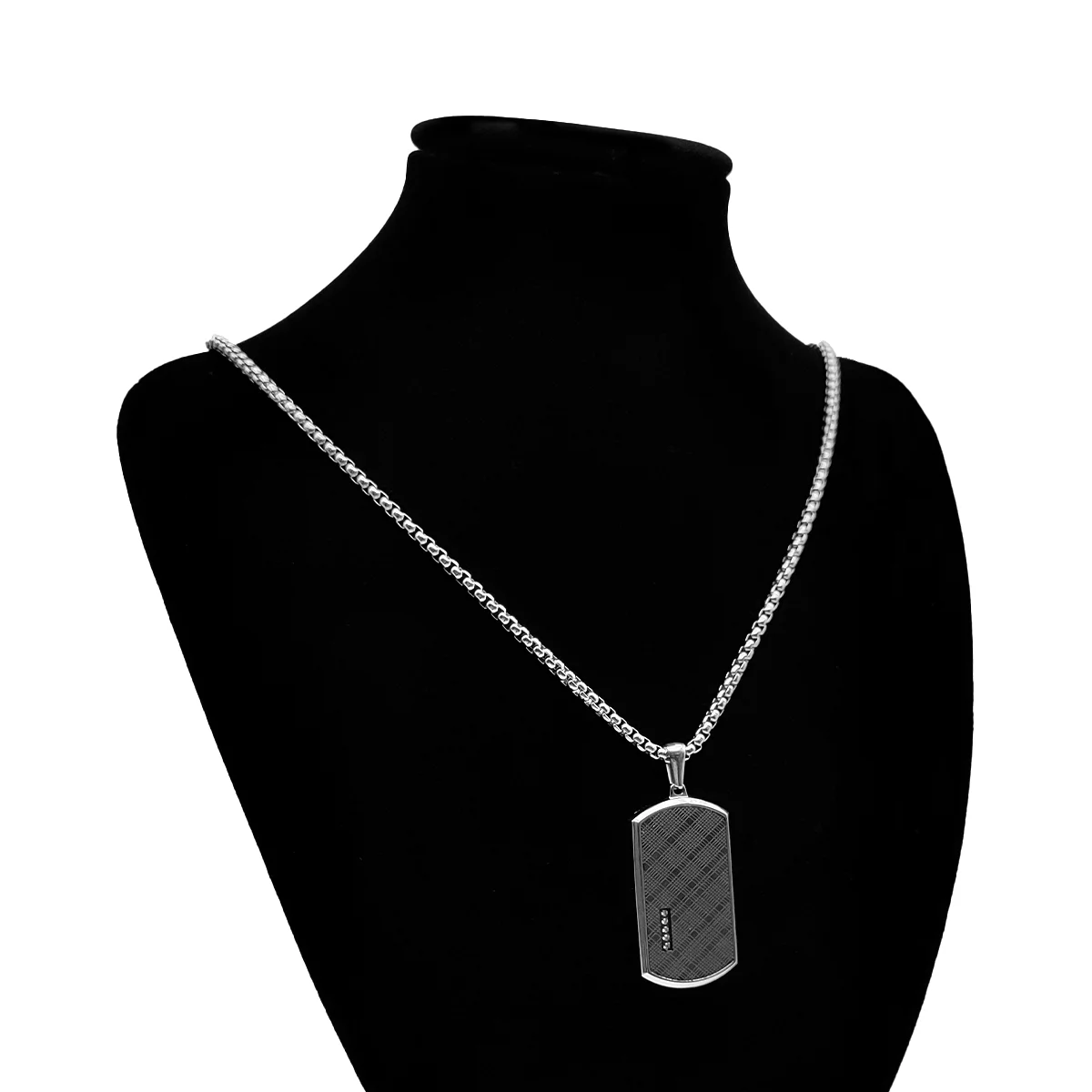 Collar Acero Plateado Placa Patrón Tartán Negro Cristales