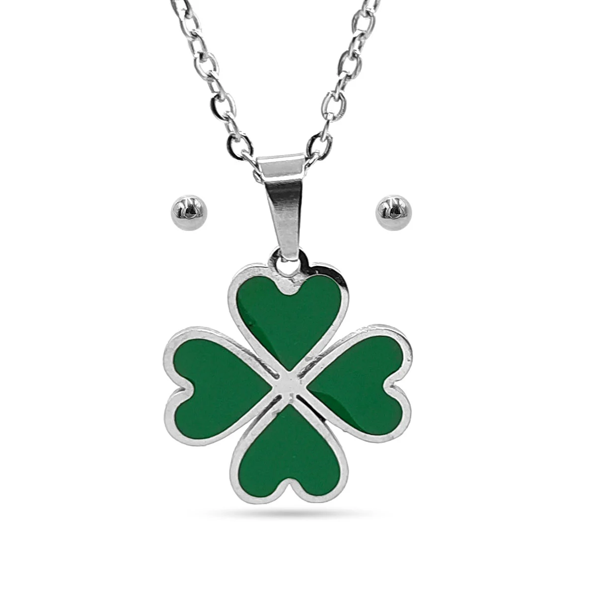 Set Joyería Acero Plateado Trébol 4 Hojas Suerte Verde