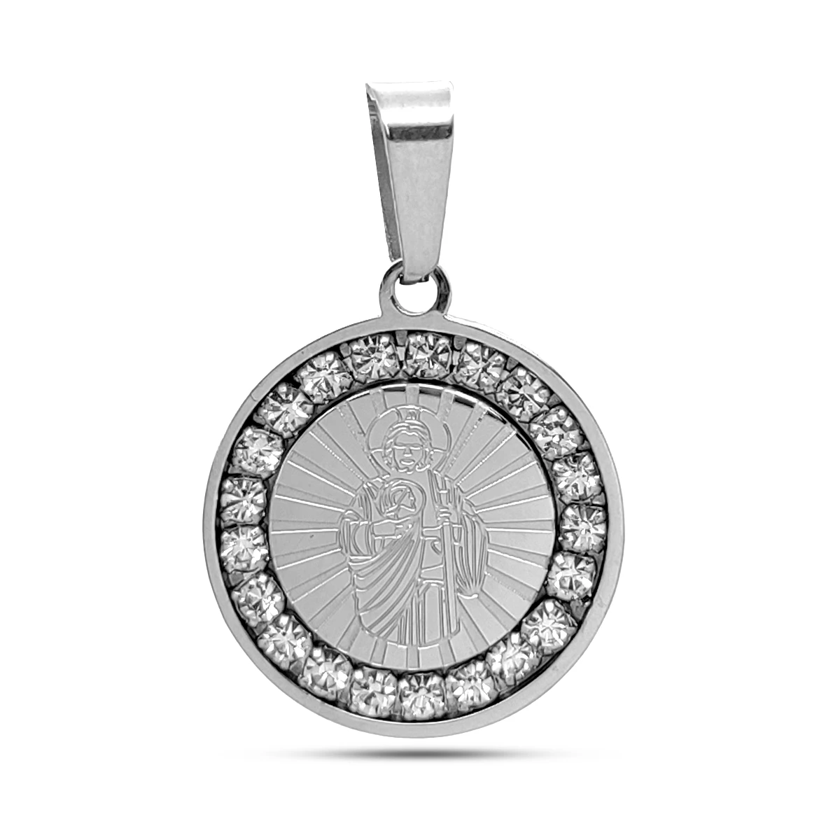 Dije Acero San Judas Medalla Religiosa Redonda Zirconias