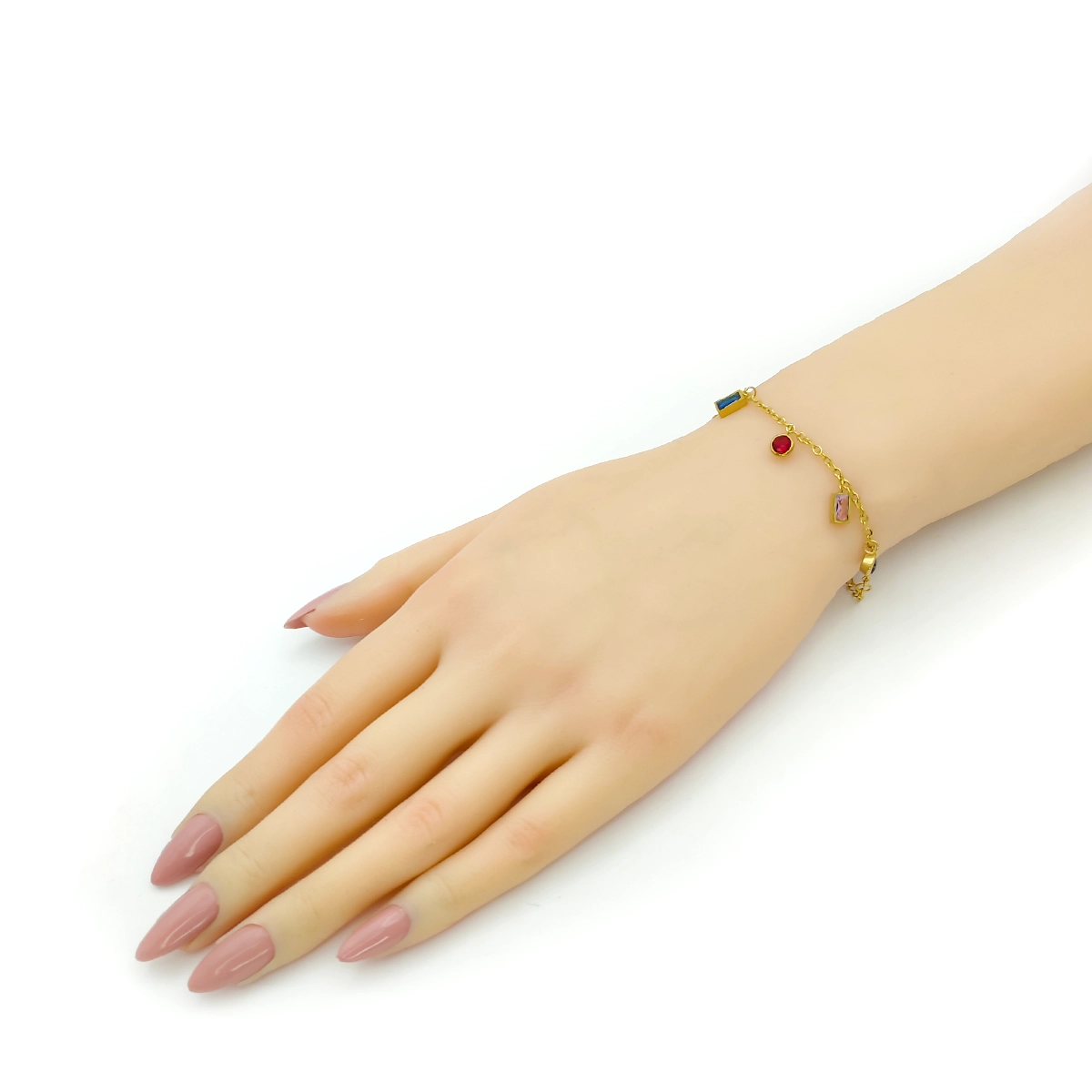 Pulsera Acero Dorado Cristales Circulares y Rectangulares