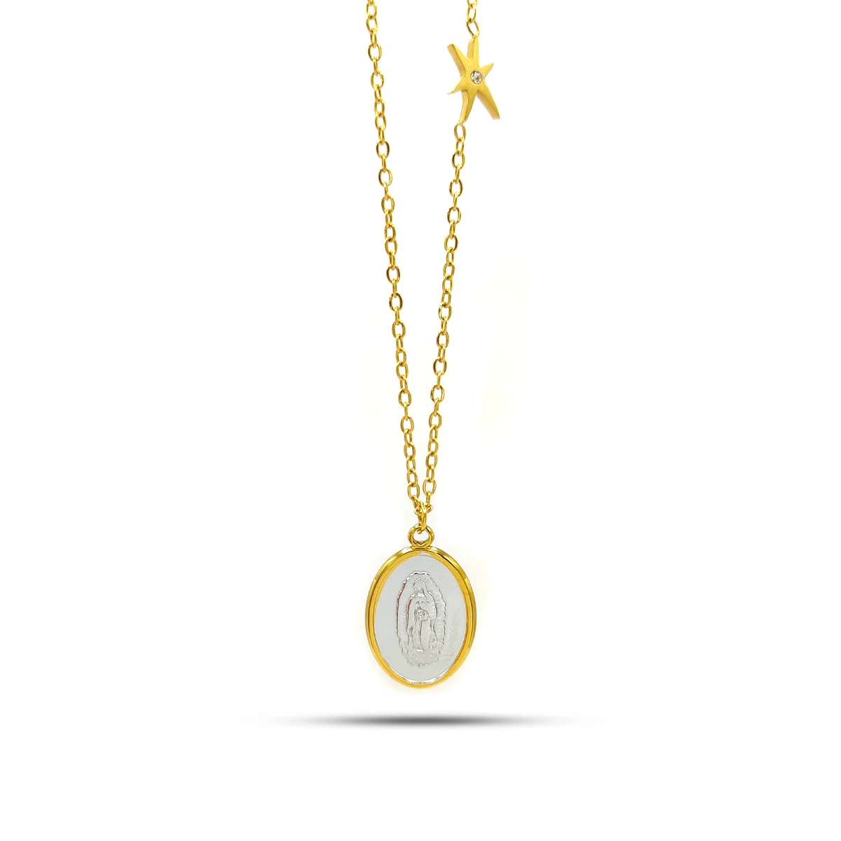 Collar Acero Bicolor Medalla Virgen de Guadalupe Estrellas
