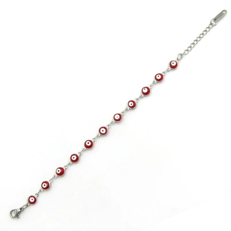Pulsera Acero Plateado Proteccion Ojo Turco Rojo 6mm