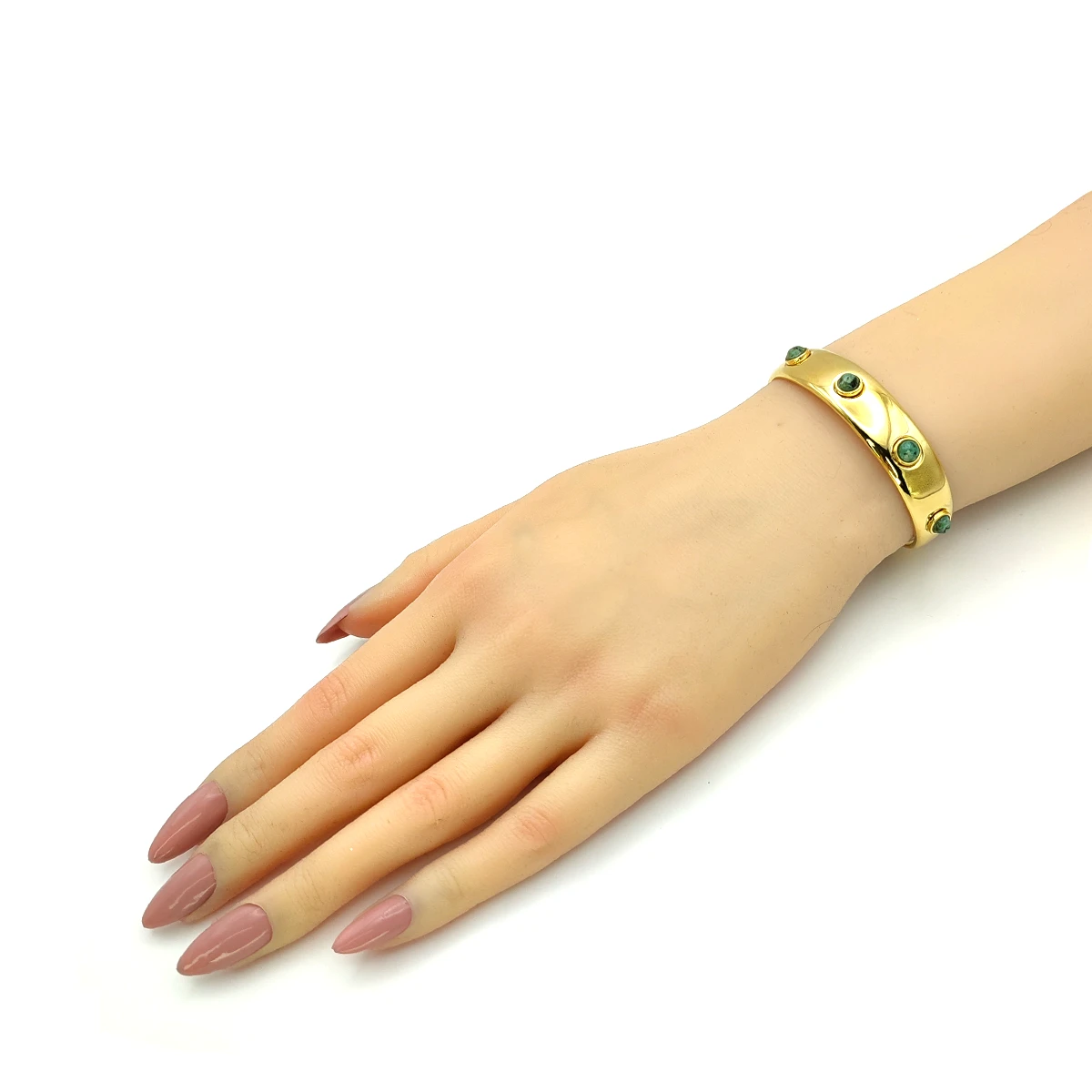 Pulsera Acero Inox Dorado Gruesa Lisa Piedra Jade Verde