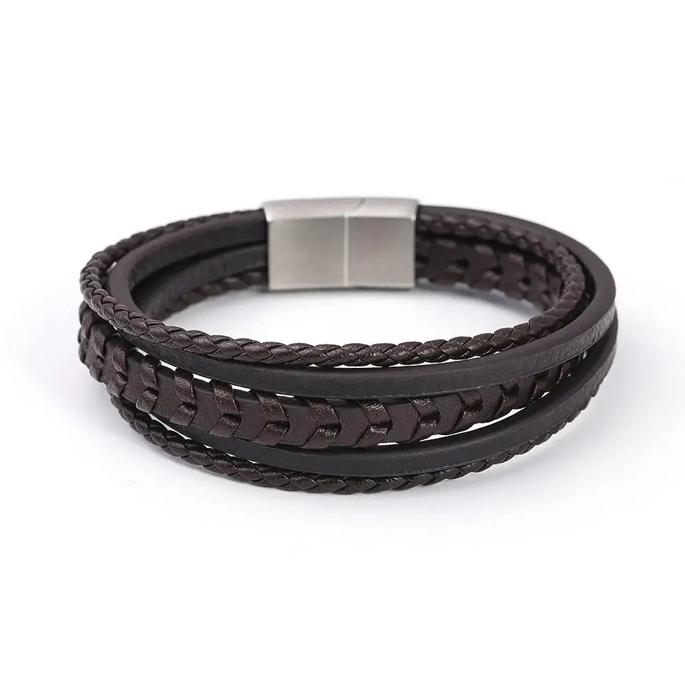 Pulsera Acero Plateado Piel Cafe 5 Tiras Tejidas y Lisa