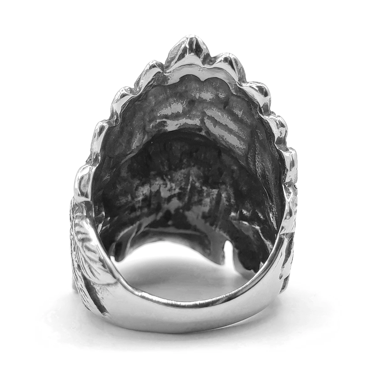 Anillo Acero Plateado Craneo Calavero Penacho Plumas