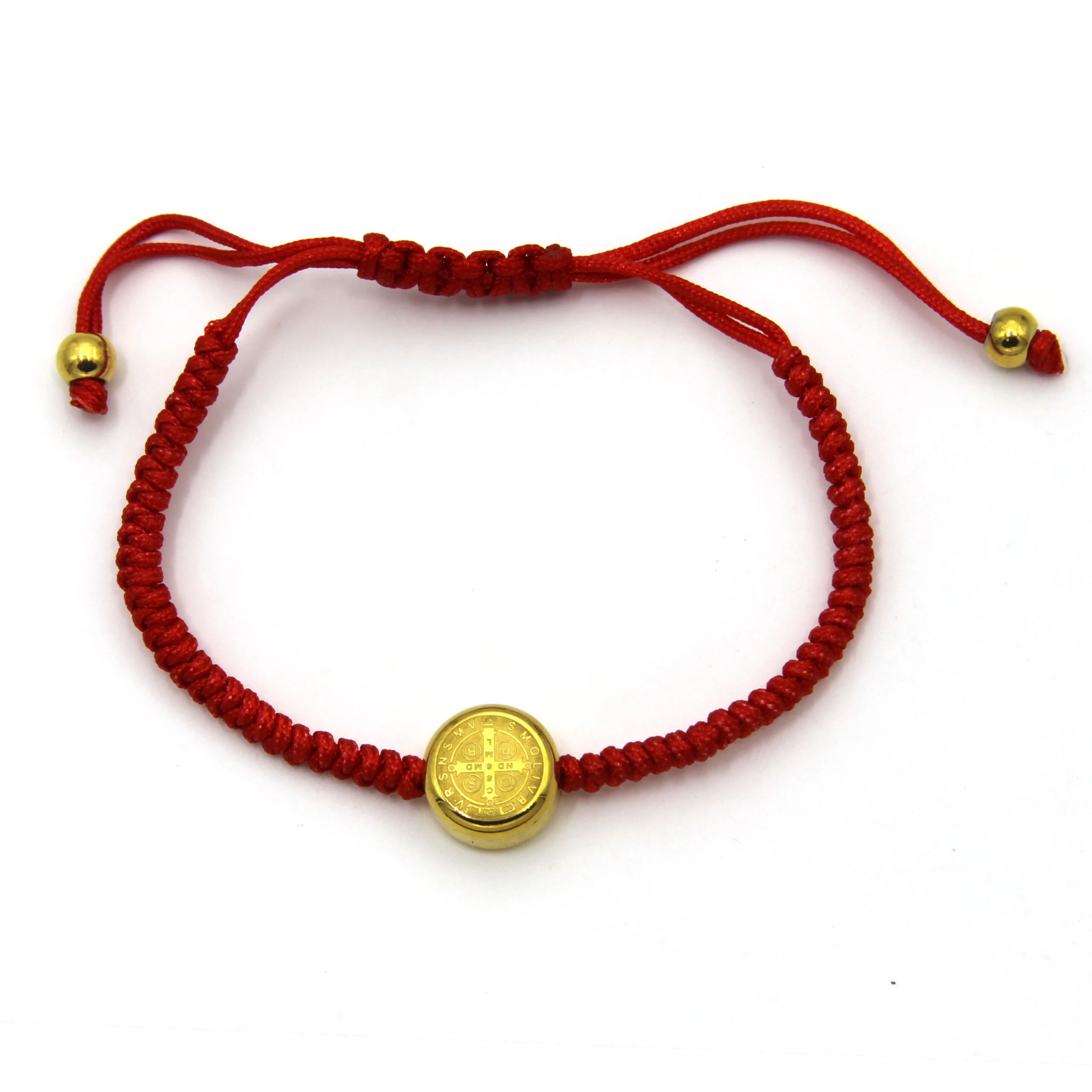 Pulsera Acero Dorado Hilo Rojo Ajustable Dije San Benito