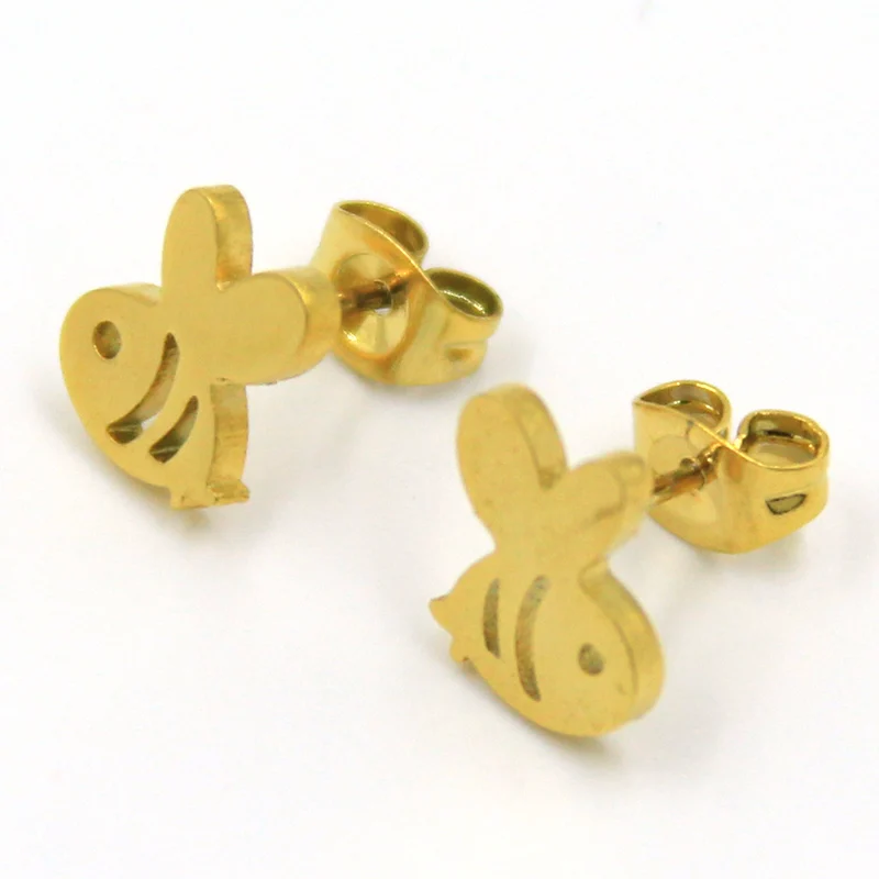 Aretes Tipo Broquel Acero Inox Dorado Abeja