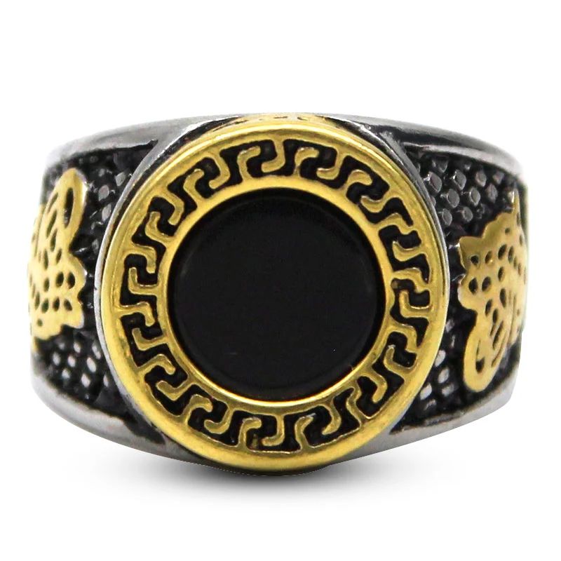 Anillo Hombre Acero Plateado Dorado Círculo Onix Negro