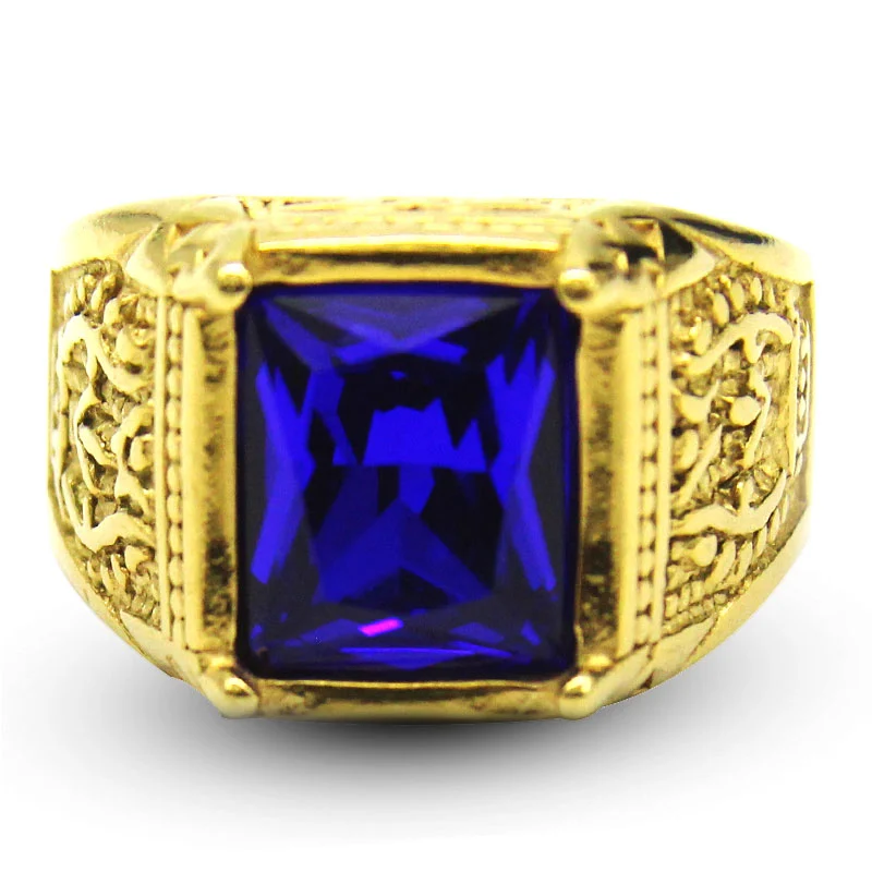 Anillo Hombre Acero Inoxidable Dorado Zirconia Azul