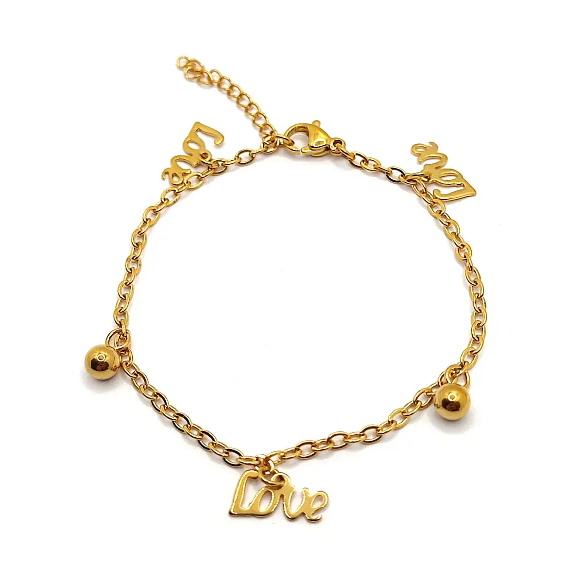 Pulsera Acero Dorado Colgantes Balines y Dije Love Amor