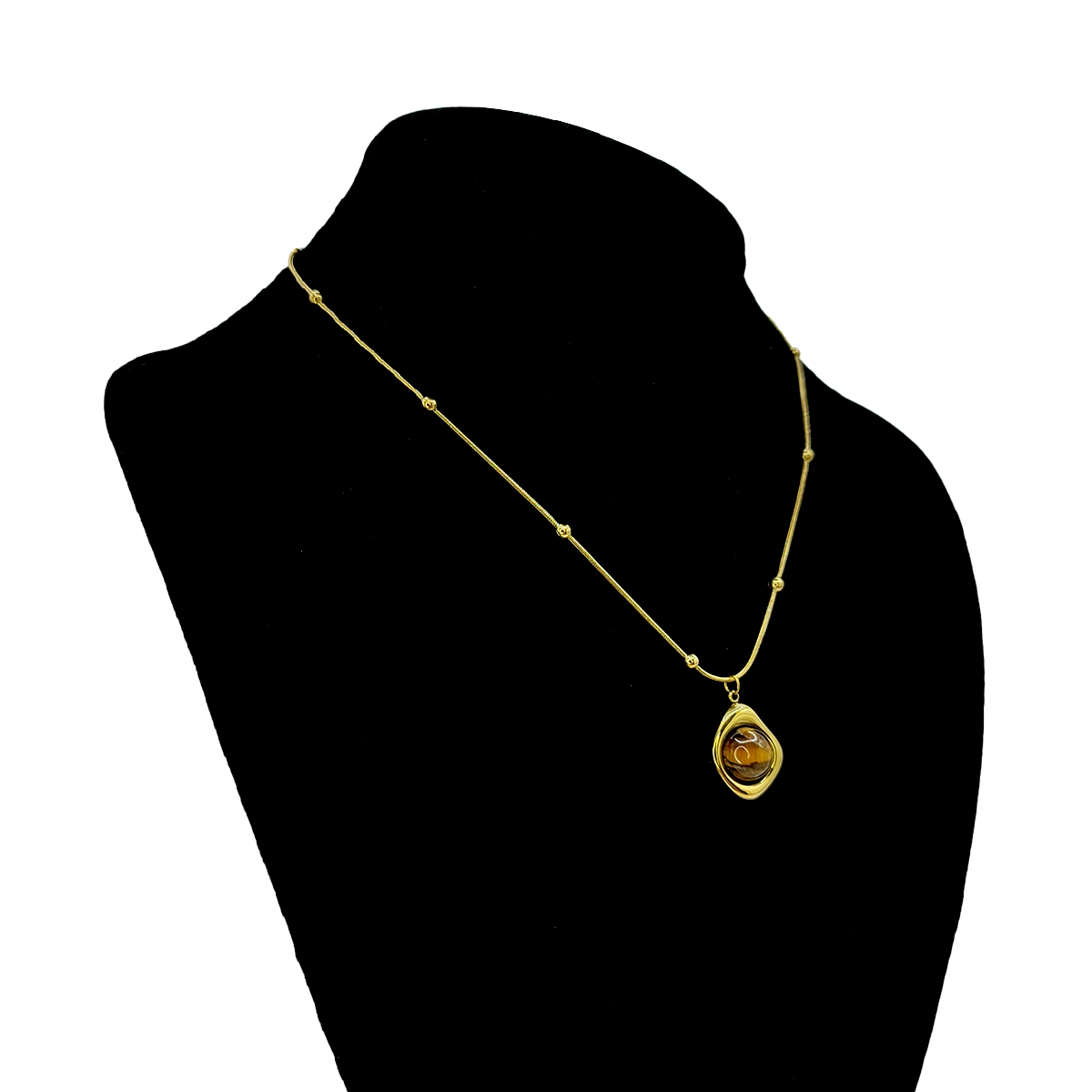 Collar Acero Dorado Balines Marco Irregular Ojo de Tigre