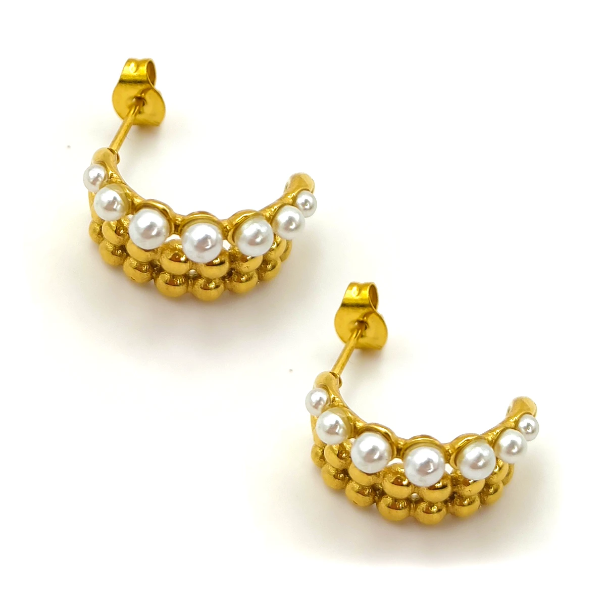 Aretes Acero Dorado Arracada Triple Perla Bolitas 18 mm