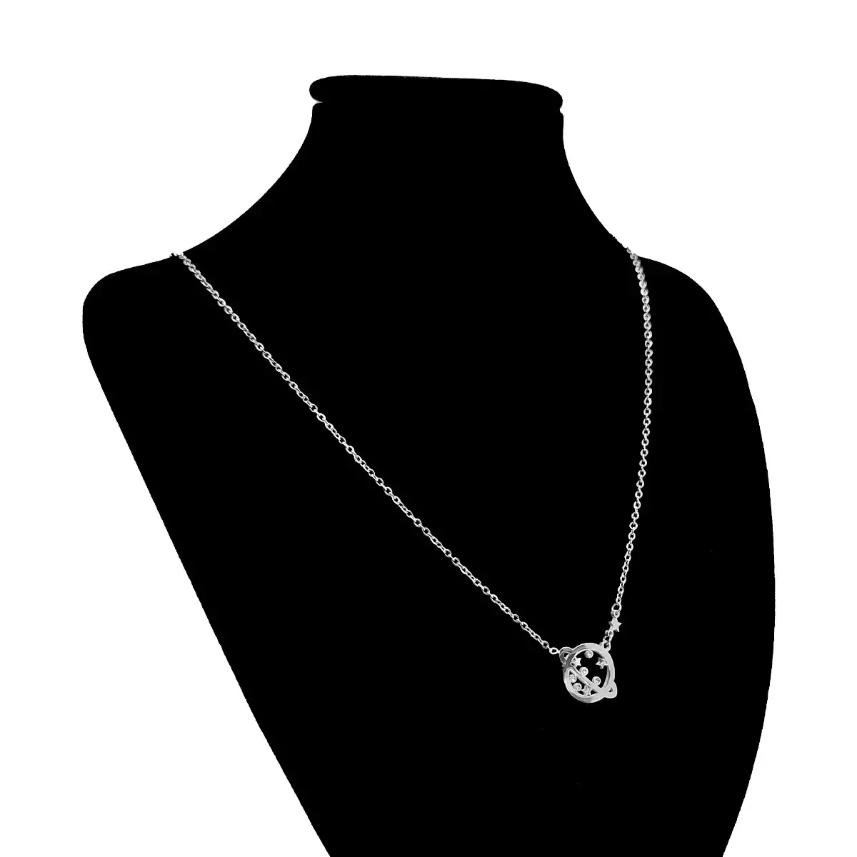 Collar Acero Plateado Planeta Saturno Estrellas Zirconia