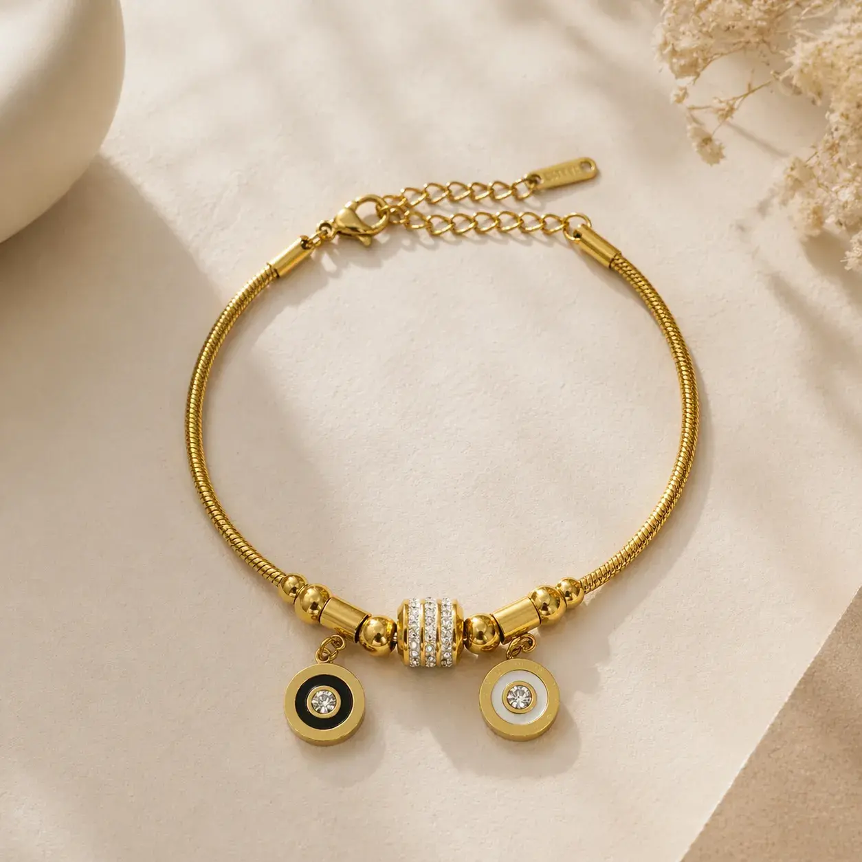 Pulsera Acero Dorado Cola de Rata Circulo Madre Perla