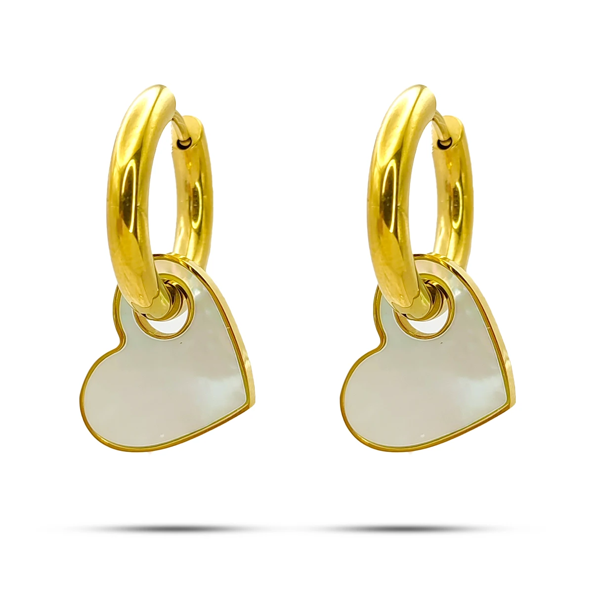 Aretes Acero Arracada Huggie Corazon Madre Perla Colgante