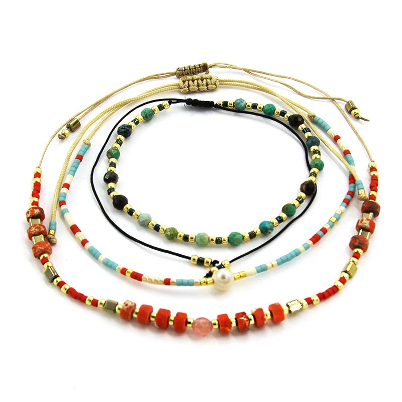 Juego Pulsera 3 Pzas Salmon Azul Cristales Piedra Perla