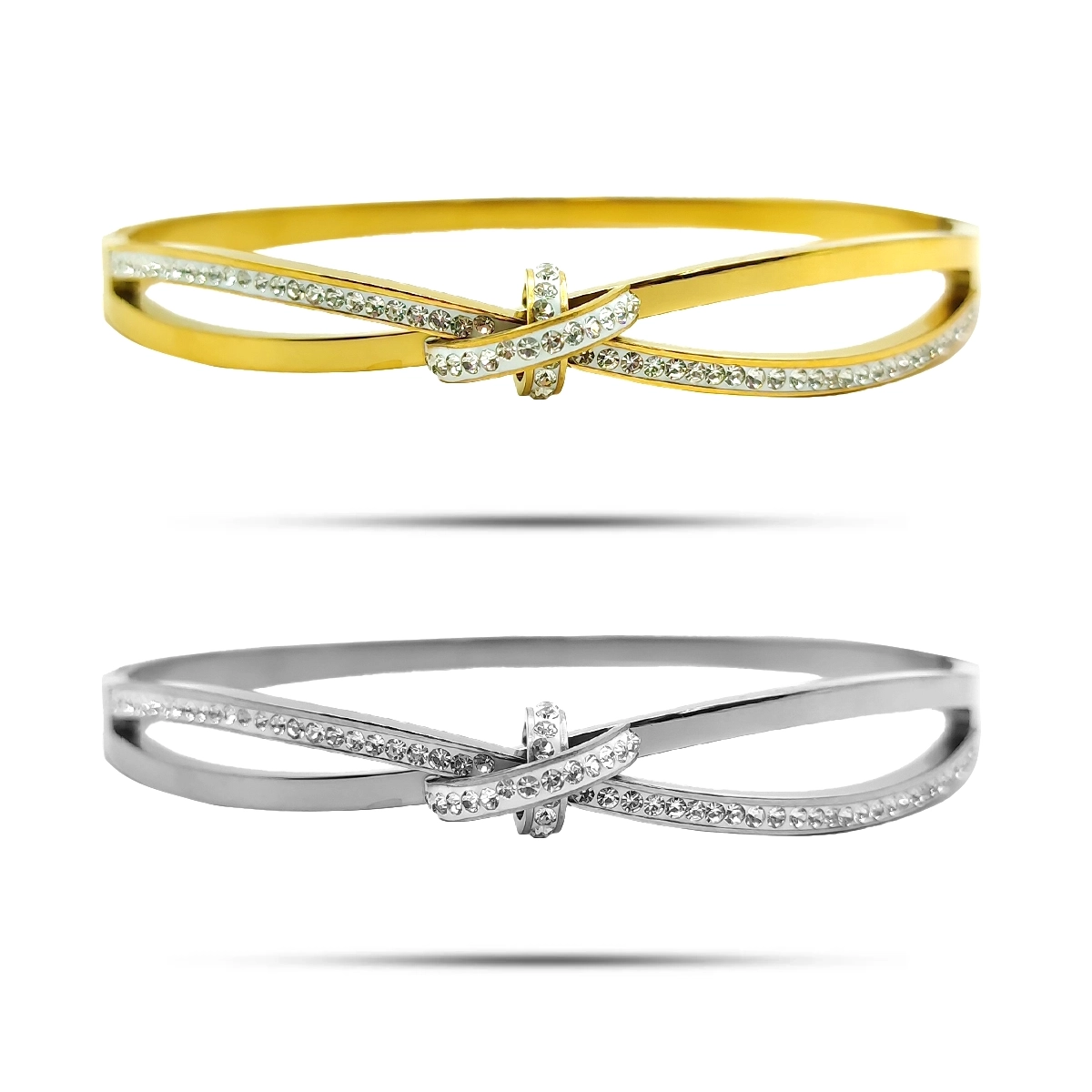Pulsera Acero Brazalete Nudo Cruzado Micro Cristales