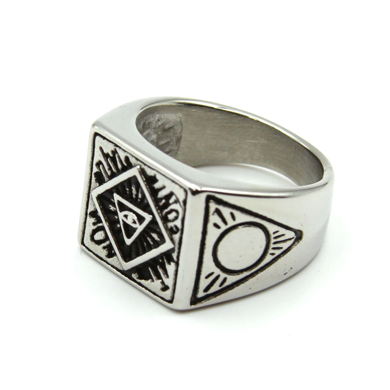 Anillo Acero Plateado Ojo Triángulo Invertido