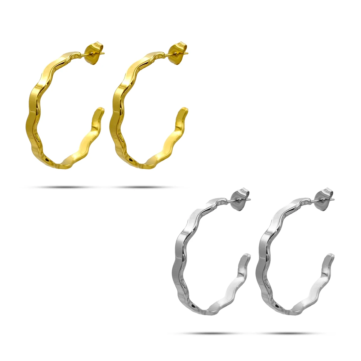 Aretes Acero Arracadas Onduladas Lisas Delgadas 30 mm