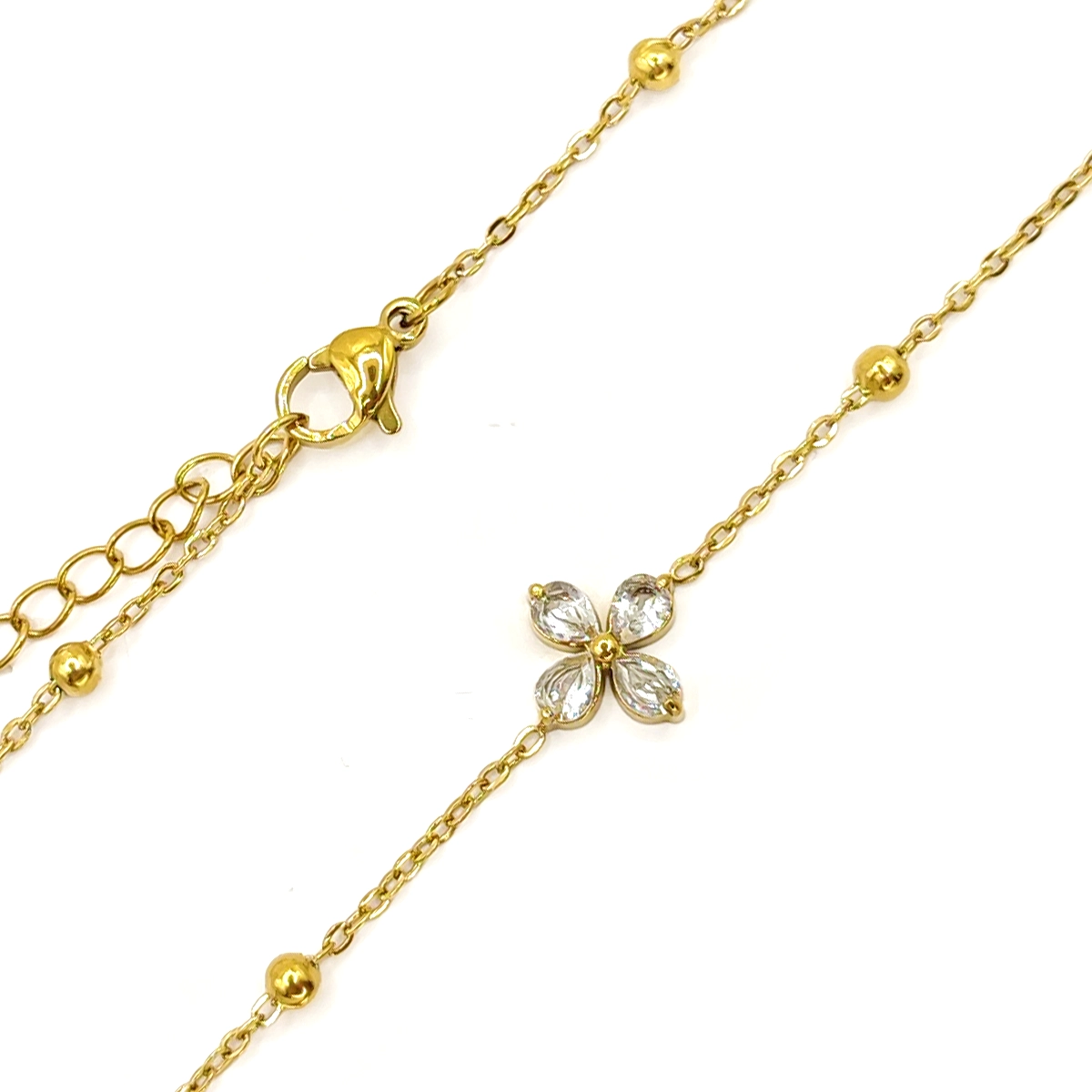 Collar Acero Dorado Flor Petalos Cristales Cadena Balines