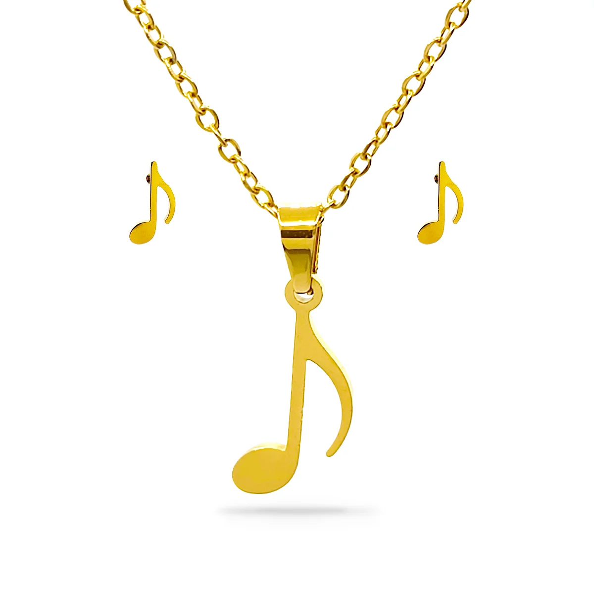 Set Joyeria Acero Dorado Nota Musical Música Corchea