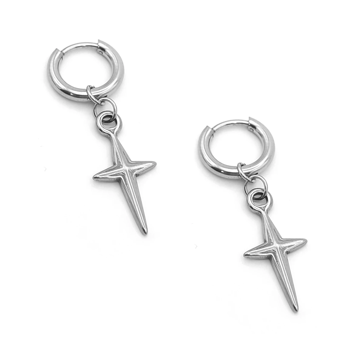 Aretes Acero Plateado Huggies Colgante Ninja Shuriken