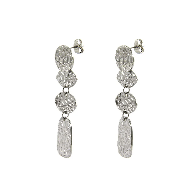 Aretes Acero Plateado Largos Ovalados Martillado Elegante