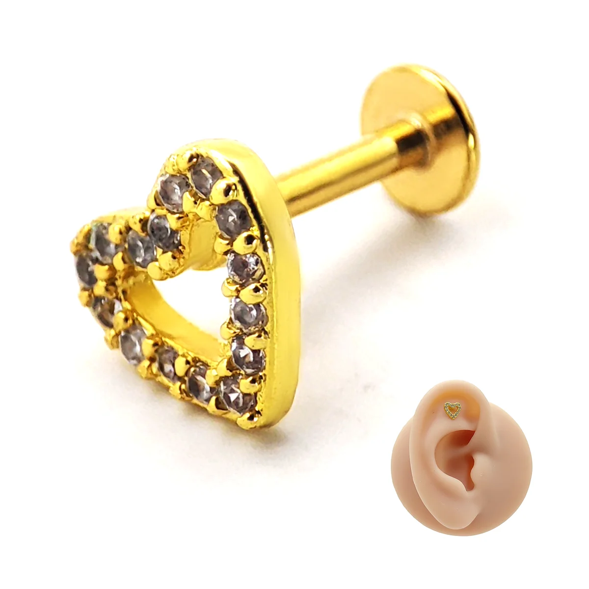 Piercing de Oreja Acero Corazón Contorno Cristales Claros