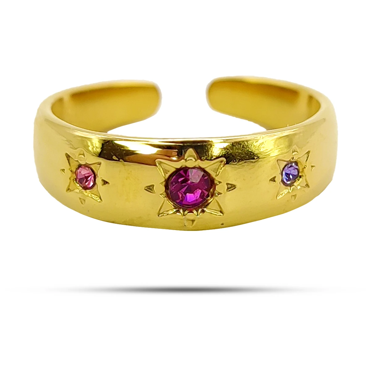 Anillo Acero Dorado Estrellas Cristales Rosas Ajustable