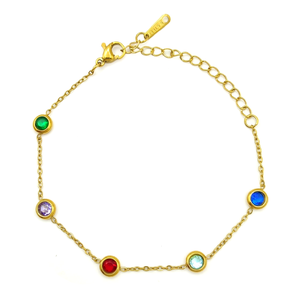 Pulsera Acero Dorado Circulos Zirconia Multicolor Delgada