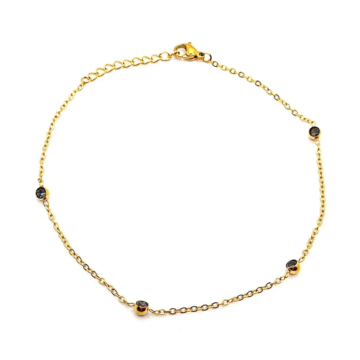 Tobillera Acero Dorado Cadena Delgada Con Cristales Azul