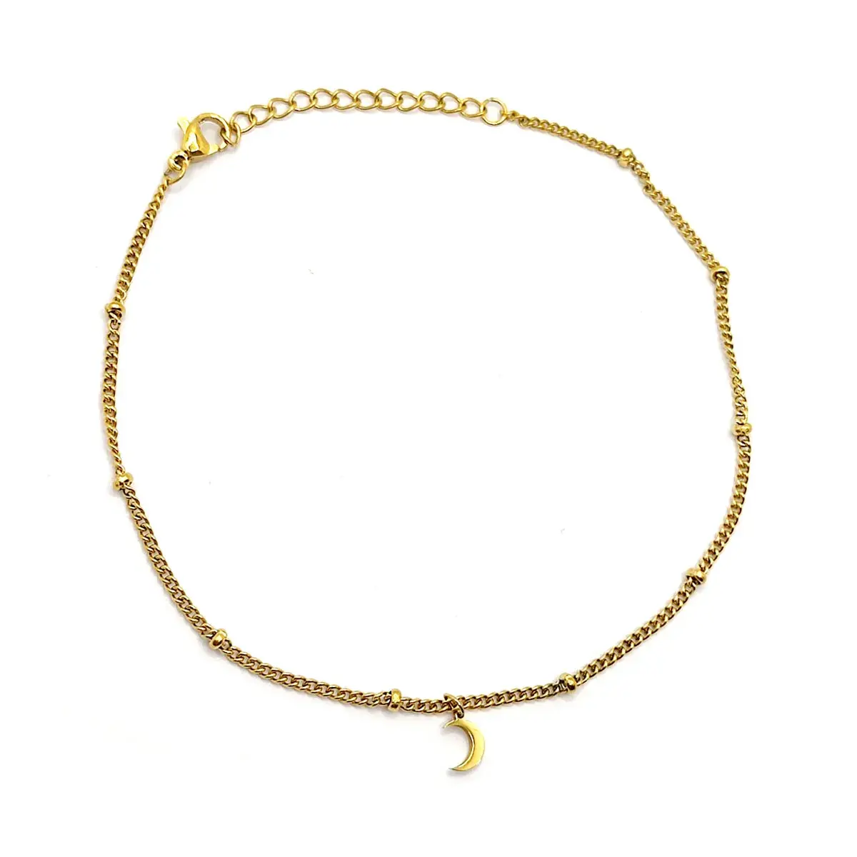 Tobillera Acero Dorado Cadena Delgada Con Balines y Luna