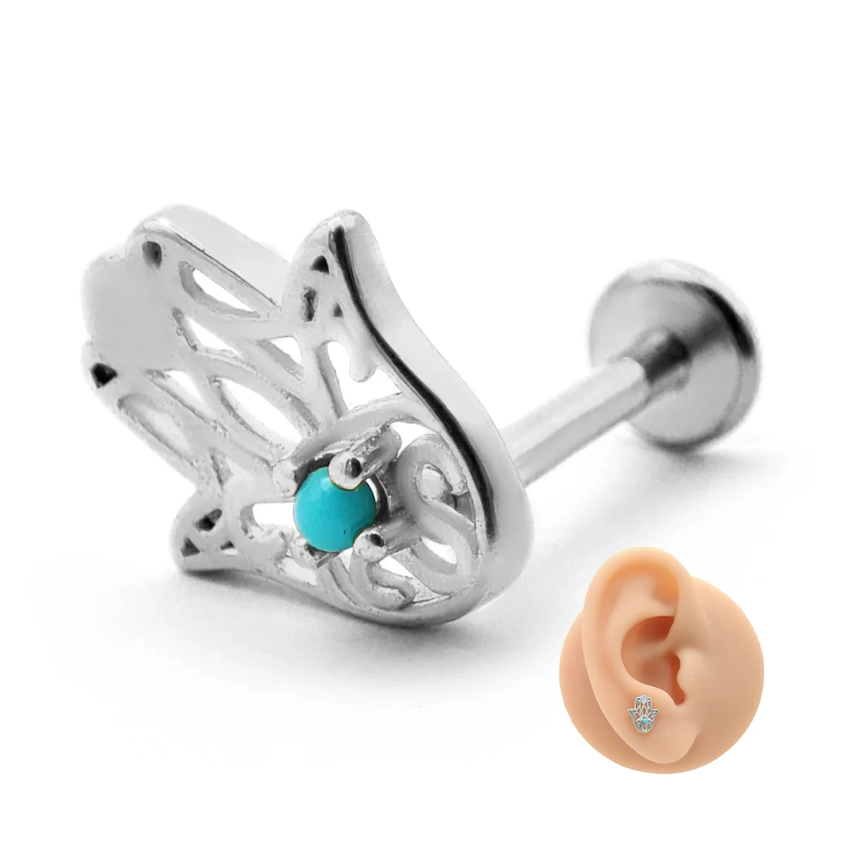 Piercing de Oreja Acero Mano de Fátima Piedra Turquesa