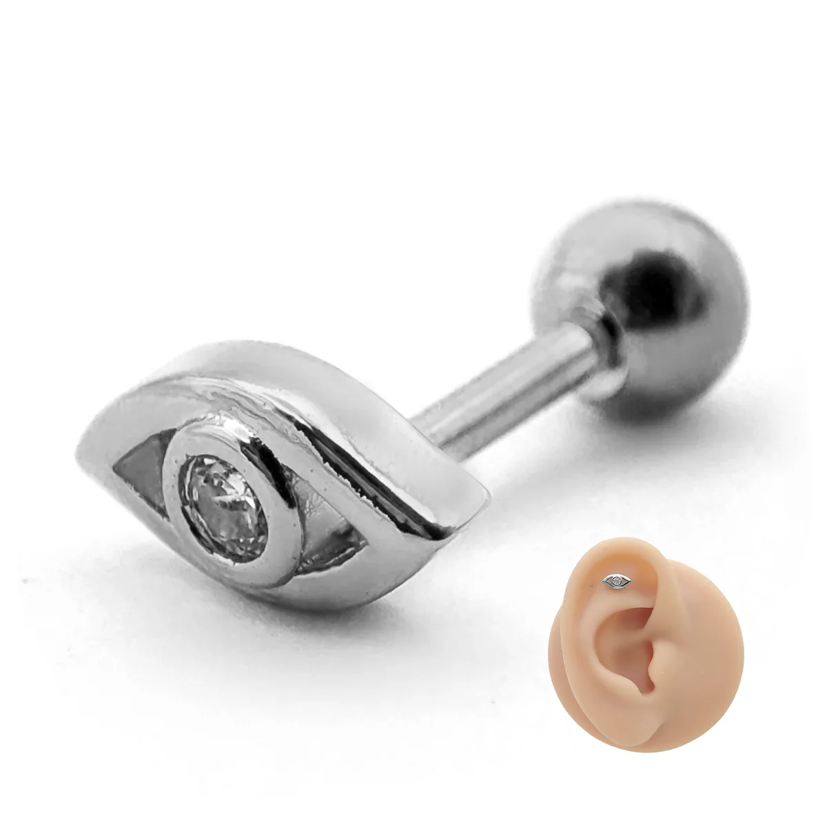 Piercing de Oreja Acero Ojo Hueco Pupila Zirconia Clara