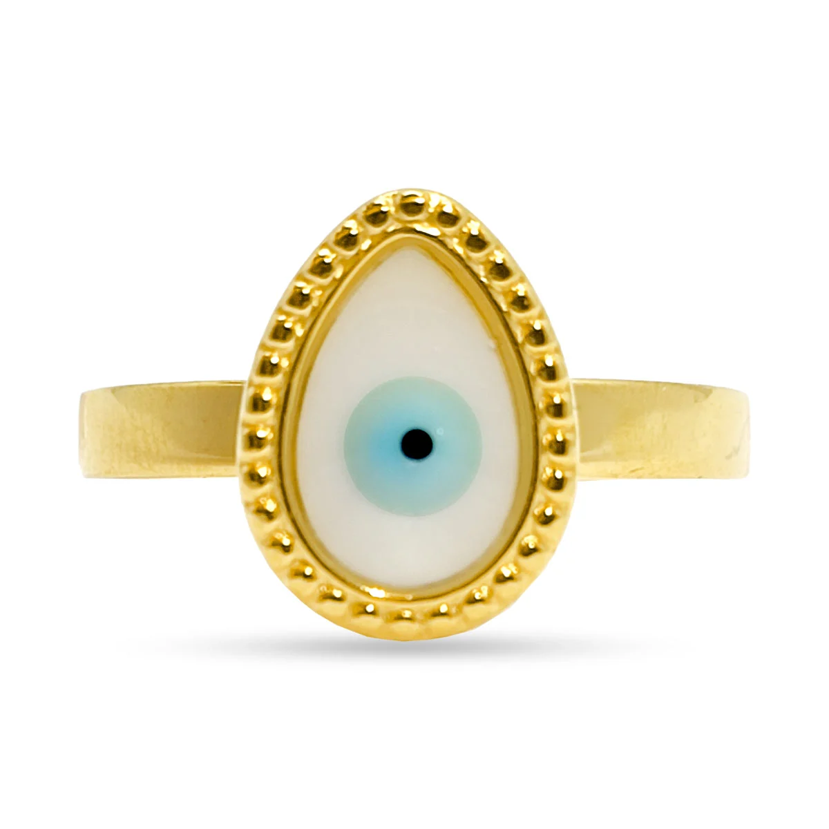Anillo Acero Inoxidable Dorado Ojo Azul Madre Perla