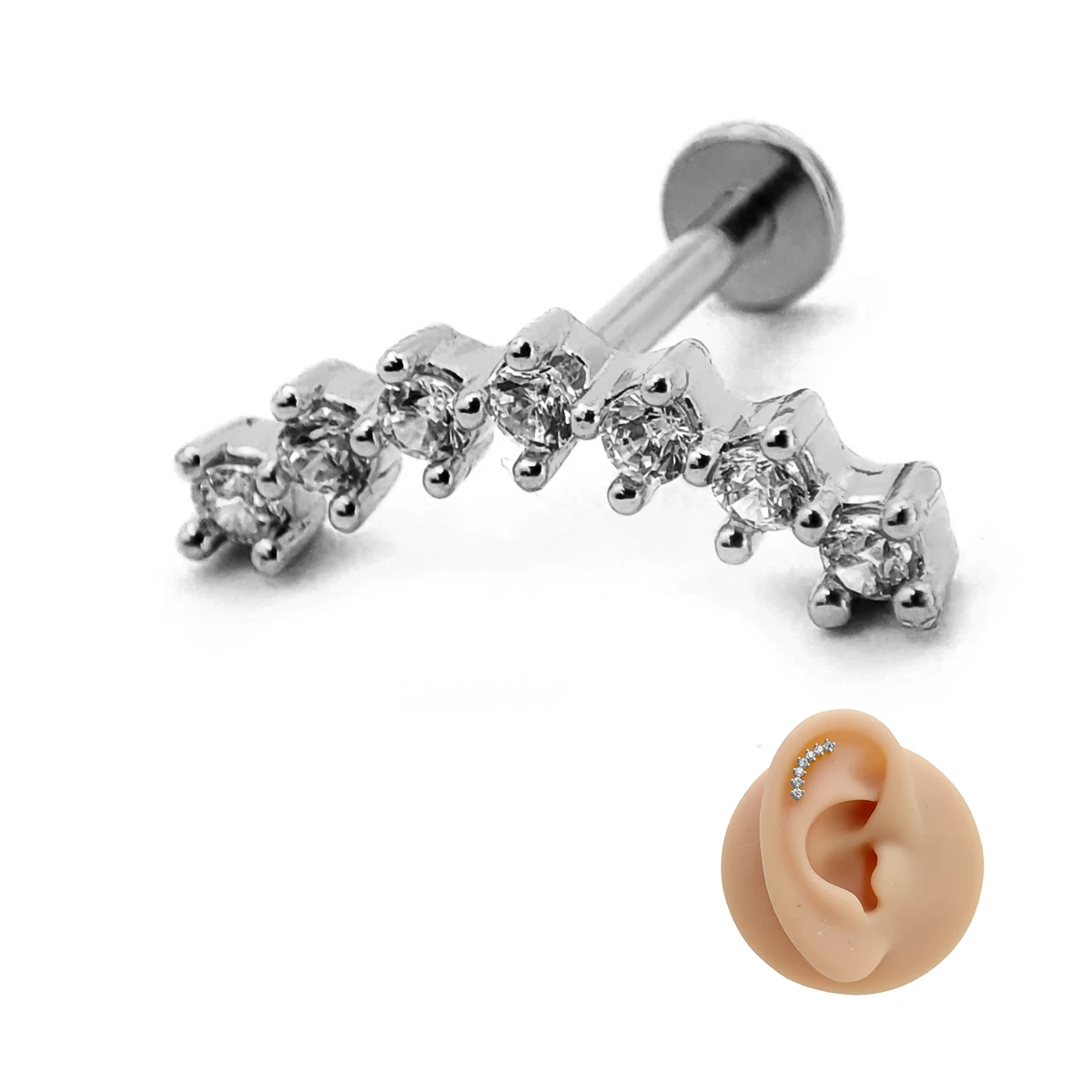 Piercing de Oreja Acero Forma C Curvo Trepador Zirconia
