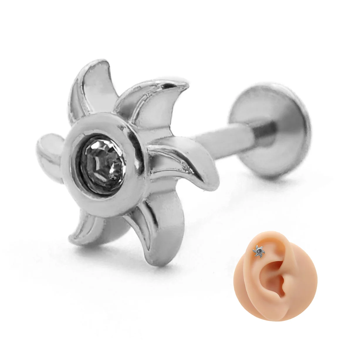Piercing de Oreja Acero Sol Cristal Centro Zirconia