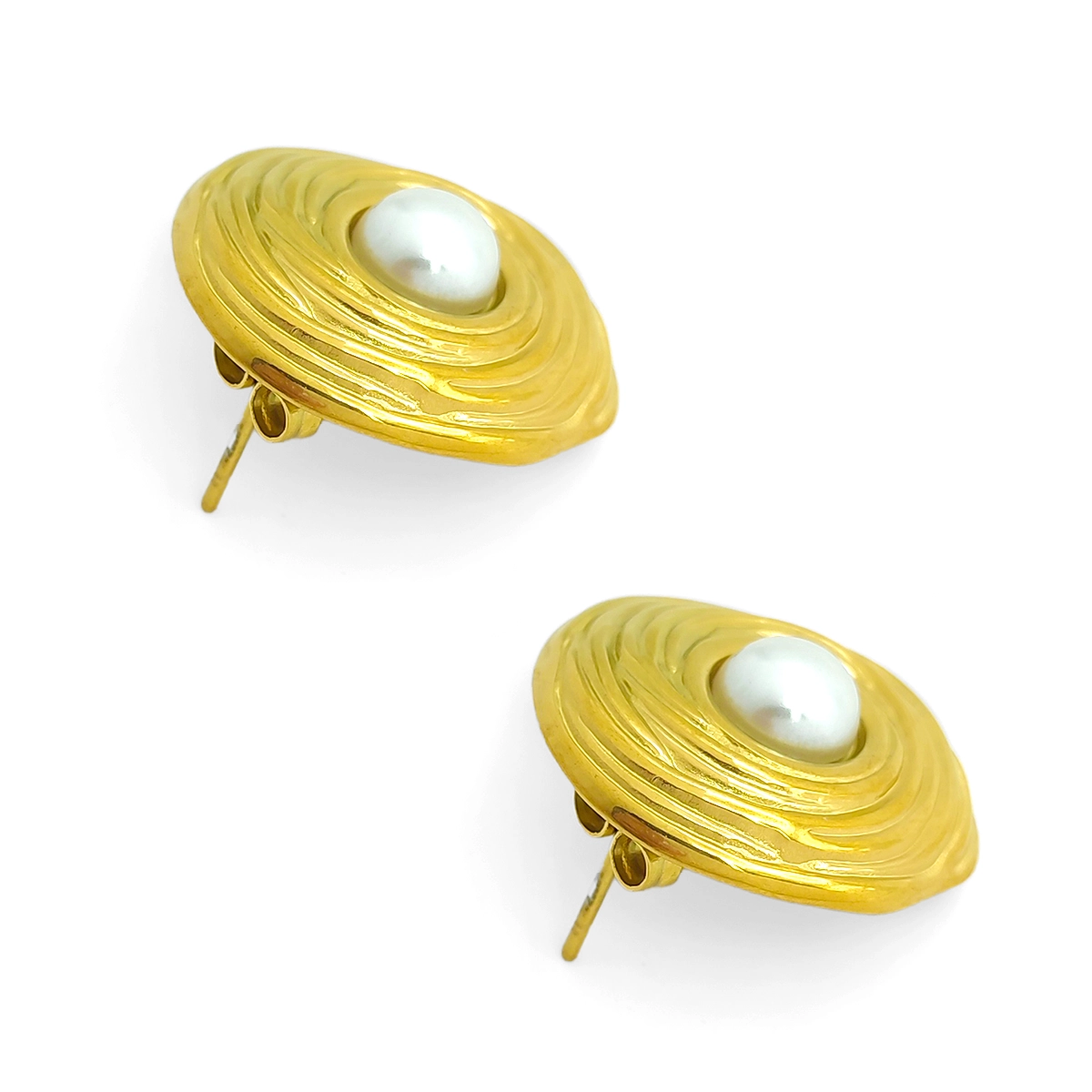 Aretes Acero Dorado Redondos Perla Enmarcada Surcos