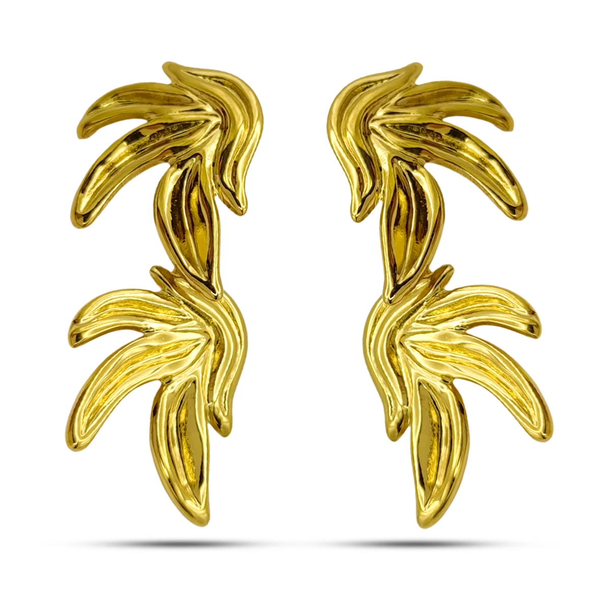Aretes Acero Dorado Largos Hojas Texturizadas Elegantes