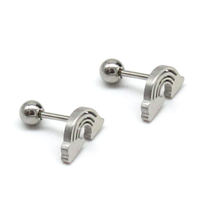 Aretes Tipo Broquel Dormilón Acero Plateado Arcoiris Nube