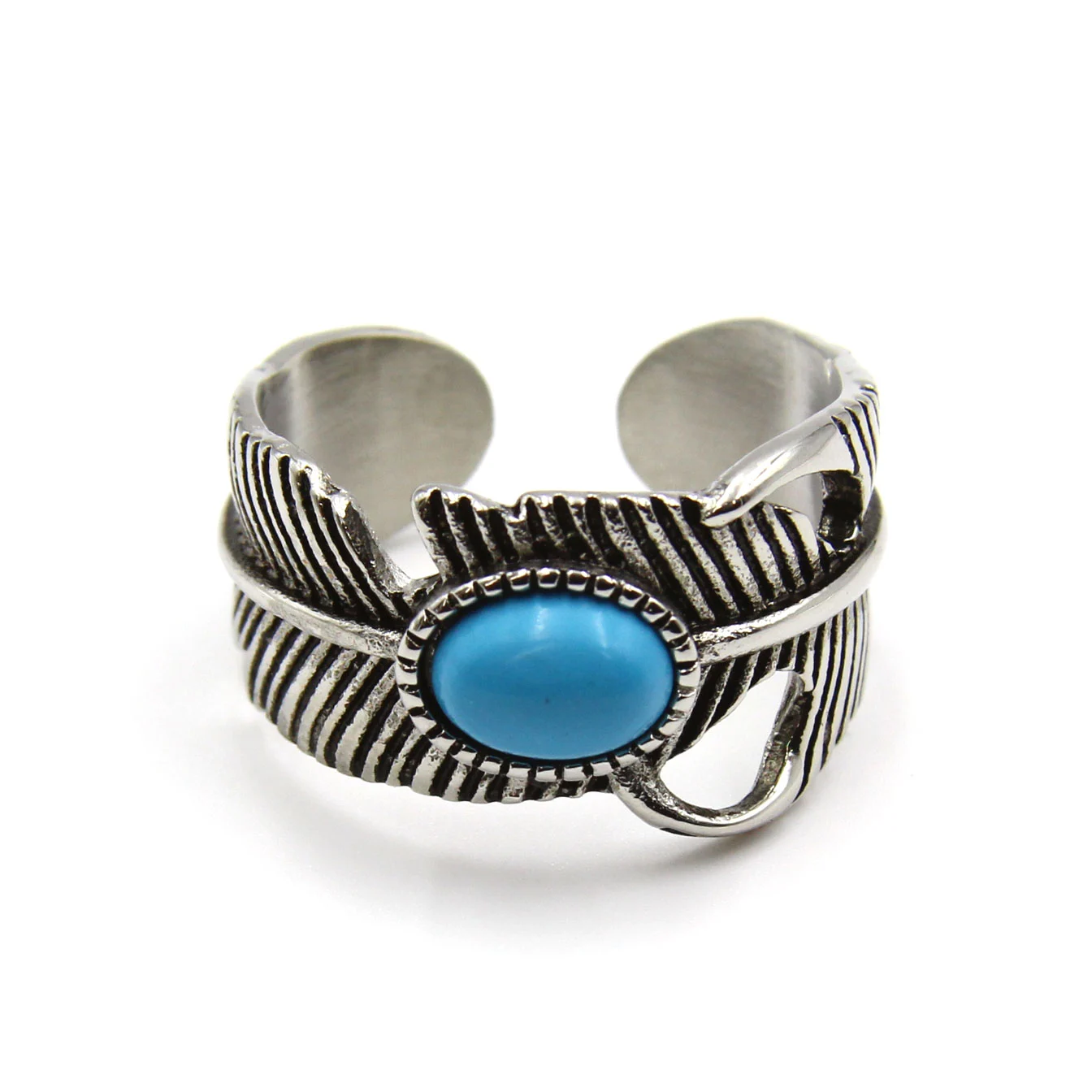 Anillo Acero Plateado Pluma Ave Piedra Turquesa