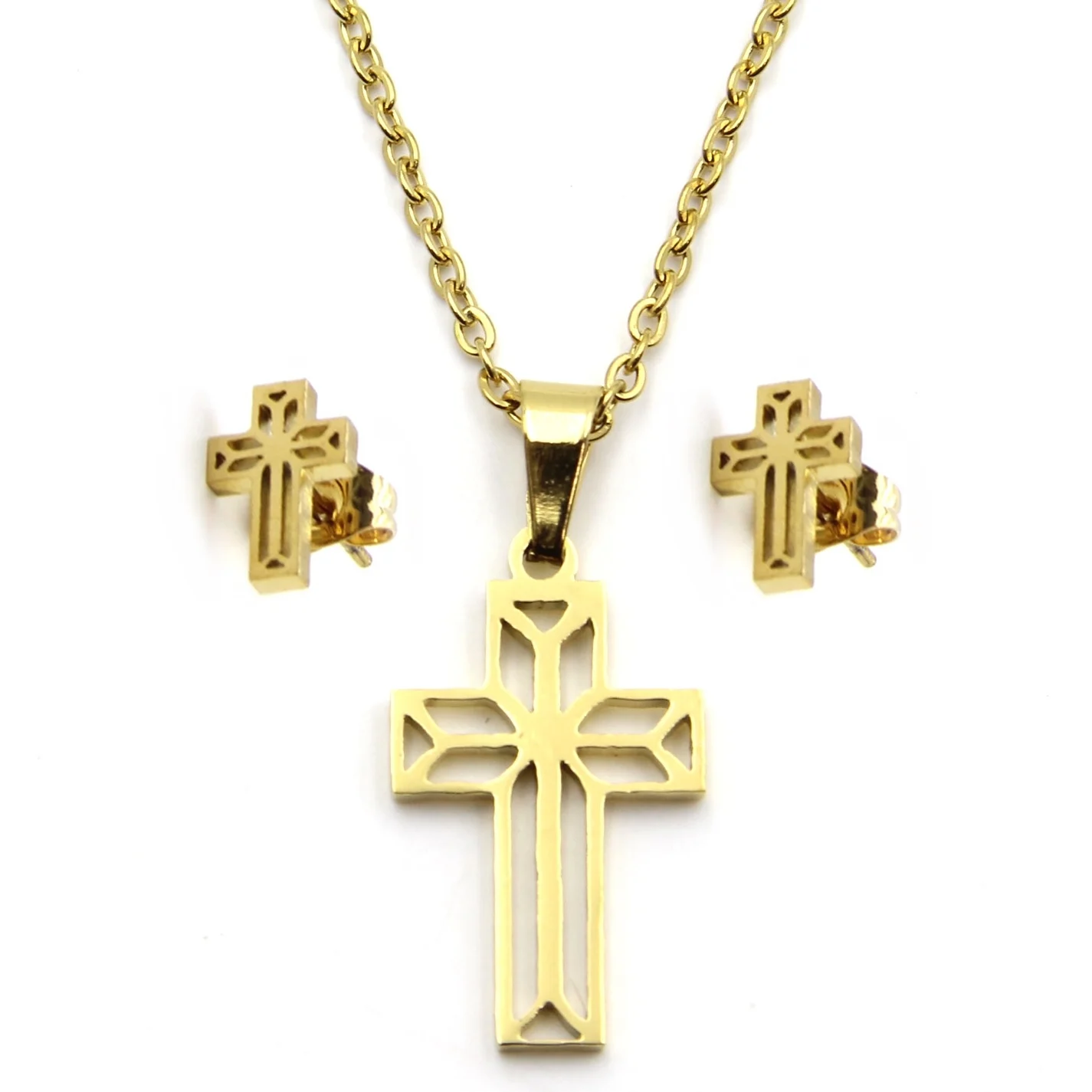 Set Joyeria Acero Dorado Cruz Religiosa Silueta Moderna