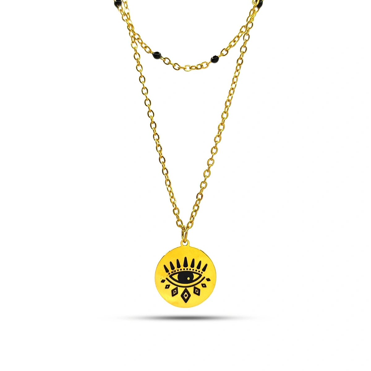 Collar Acero Dorado Doble Cadena Chaquira Negra Ojo
