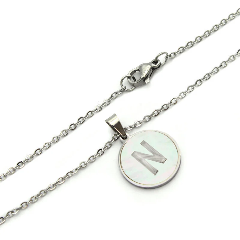Collar Acero Plateado Circular Letra N Madre Perla